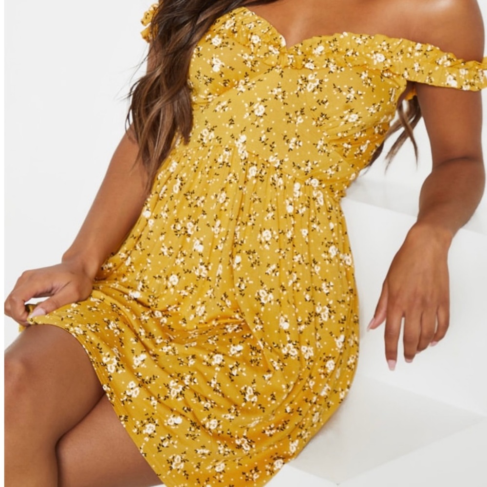 Mustard ditsy floral print ruched dress